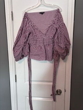Express Purple and White Striped Wrap Top Size Medium